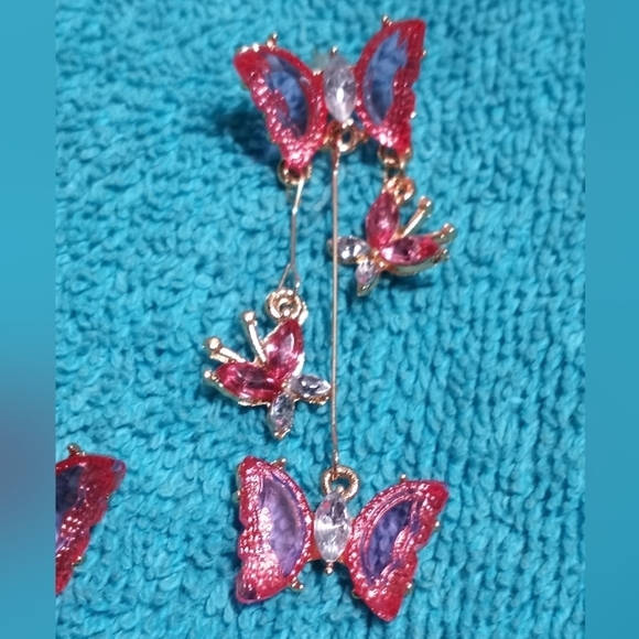 Elegant Pink and Goldtone Butterfly Post Dangle Earrings - Picture 2 of 4